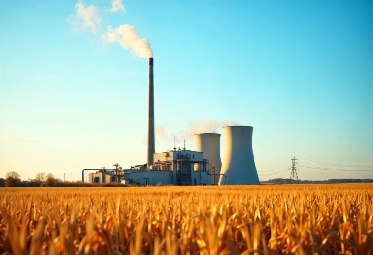 Industrial cooling tower system at a power plant surrounded by agricultural fields