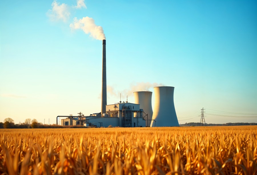 Industrial cooling tower system at a power plant surrounded by agricultural fields